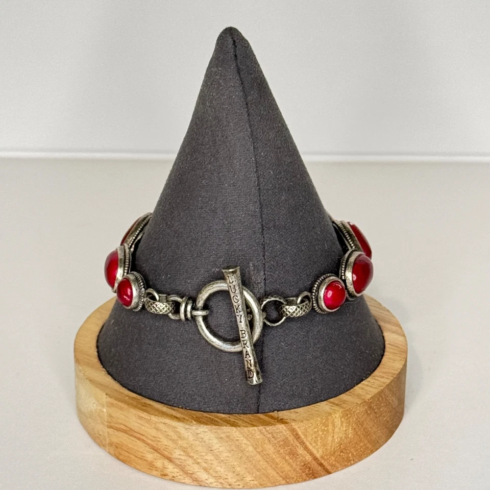 Lucky Brand Link Bracelet Maroon Cabachon Silver Tone Toggle Clasp - Image 3 of 4