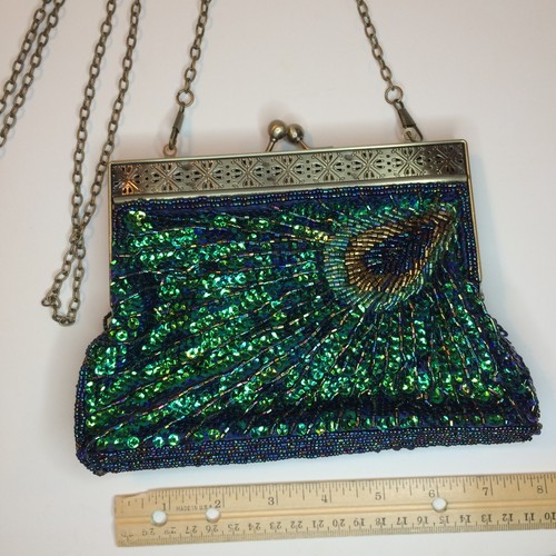 Off Park Collection (JTV) Clutch Umhängetasche Pfauenfarbe antik getönt Perlen - Bild 7 von 10