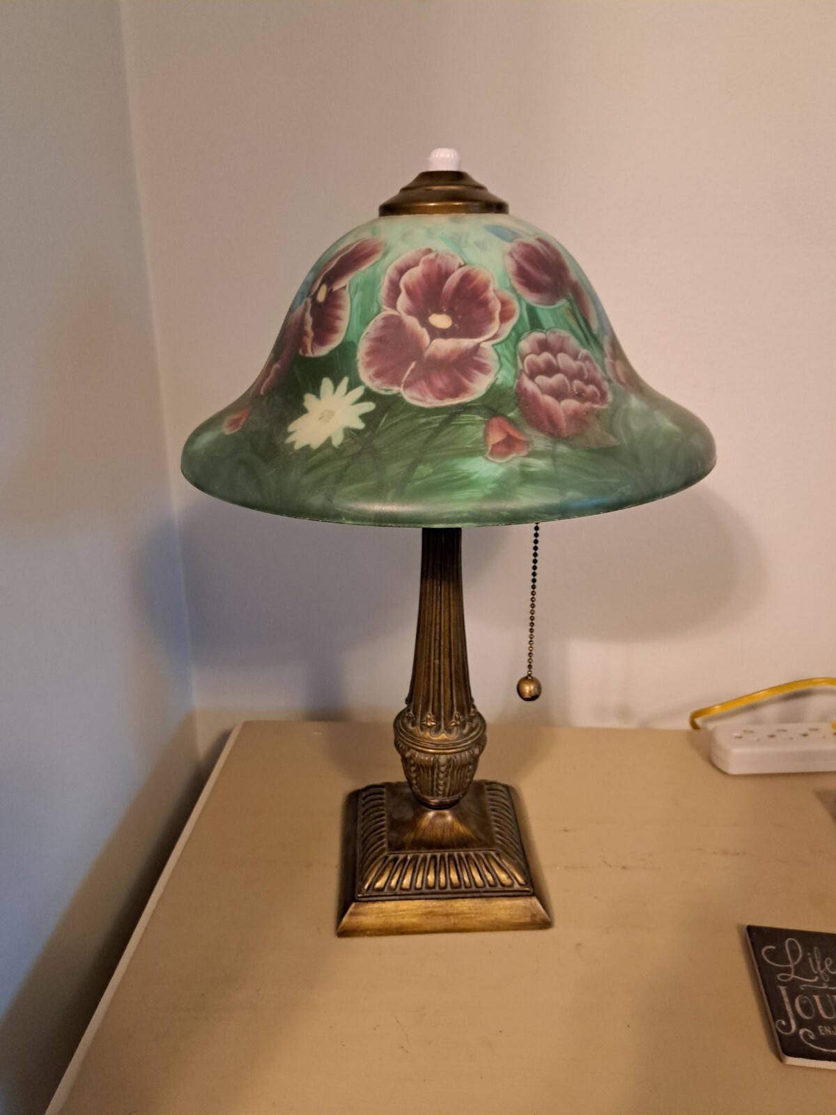 Vintage Floral Pull Chain Lamp Reverse Painted