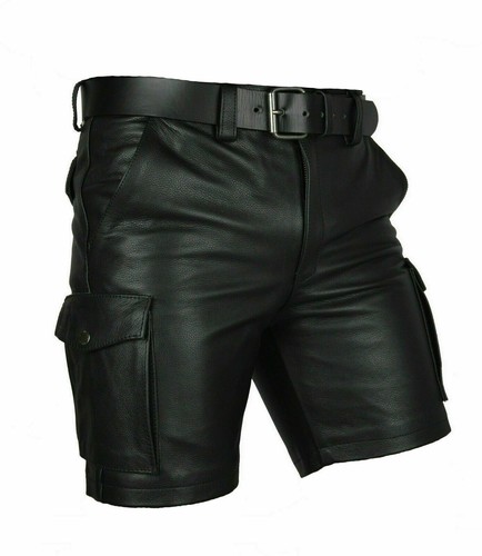 Da Uomo 100% Genuine Leather Cargo Short Gay Fetish Club Wear Pantaloni  della polizia con cintura | eBay