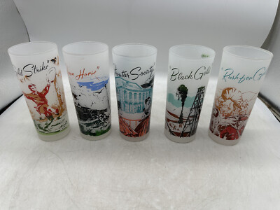 Set of 5 Frosted Glass Western Gold Rush Frontier Theme Federal / Oil