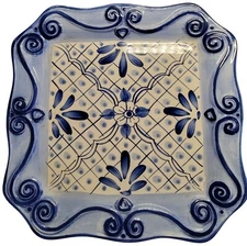 Hand-Painted Lisbon Ceramic Square Plate TableTops Unlimited 10" Blue & White