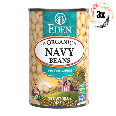 3x Cans Eden Foods Organic Navy Beans | 15oz | No Salt | Non GMO & Gluten Free