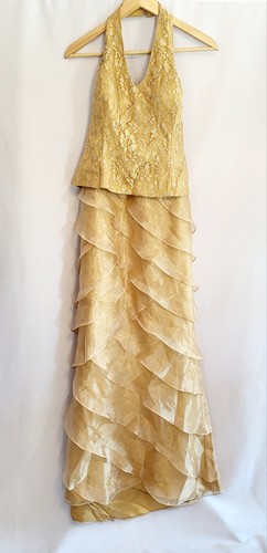 Vintage Gold Halter Maxi Formal Dress Lace Bodice Chiffon Tiered 8/10 ~READ~ - Picture 2 of 12
