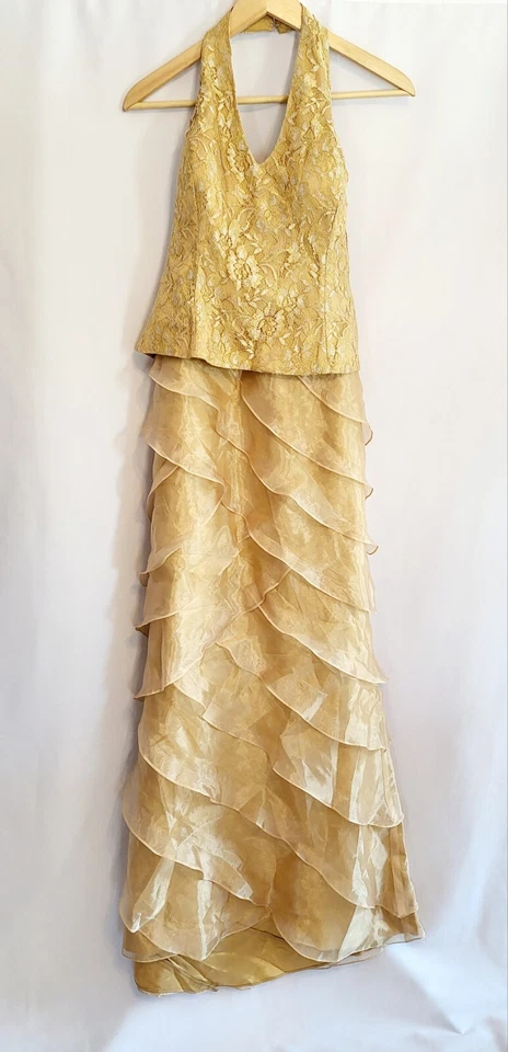 Vintage Gold Halter Maxi Formal Dress Lace Bodice Chiffon Tiered Size 8/10 - Image 2 of 4