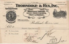 1919 THORNDIKE HIX ROCKLAND MAINE WHOLESALE GROCERS BILLHEAD HOLYOKE MARKET MA