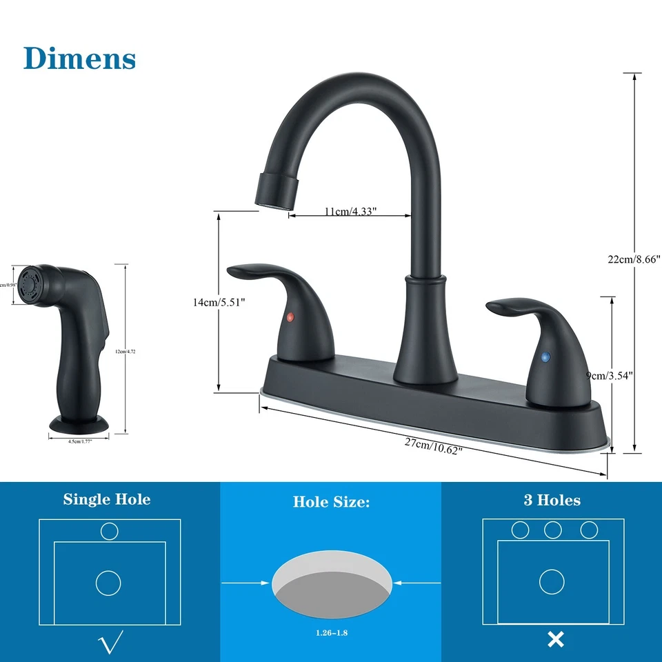 Grifo de fregadero de cocina negro con rociador 3 orificios de acero inoxidable mezclador grifo rociador Foto 2 de 4