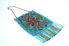 Vintage Beaded Purse w/Floral Design 9" Excellent Condition Beautiful Blue