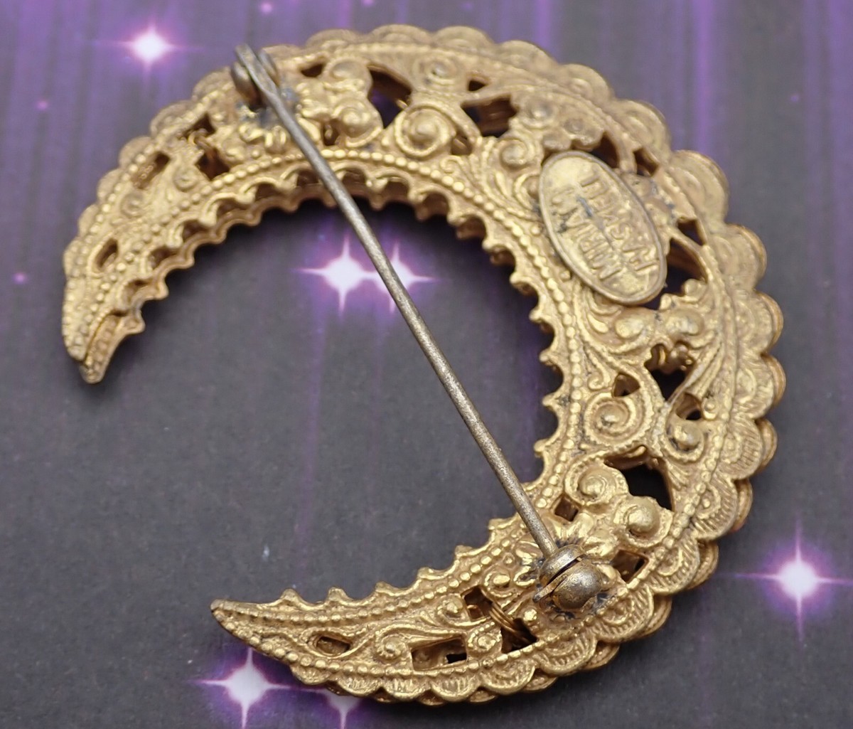 Vintage Signed Miriam Haskell Gold Tone Crescent Moon Floral Open