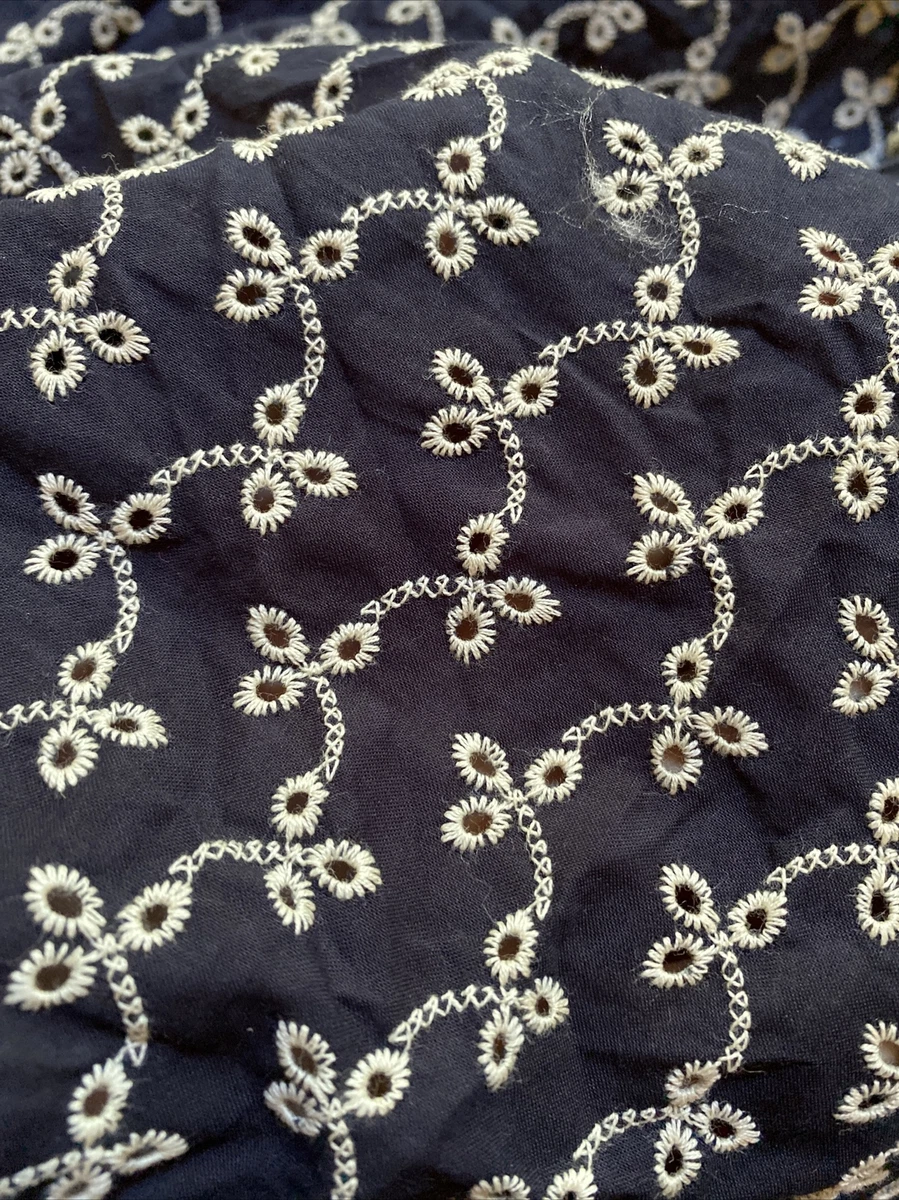 100 Cotton Dark Navy blue Embroidered Floral Eyelet Fabric 51 x 2 yds Sewing