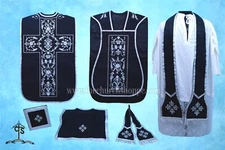 Chi Rho  embroidery- Black Roman Chasuble Fiddleback Vestment and Mass  set