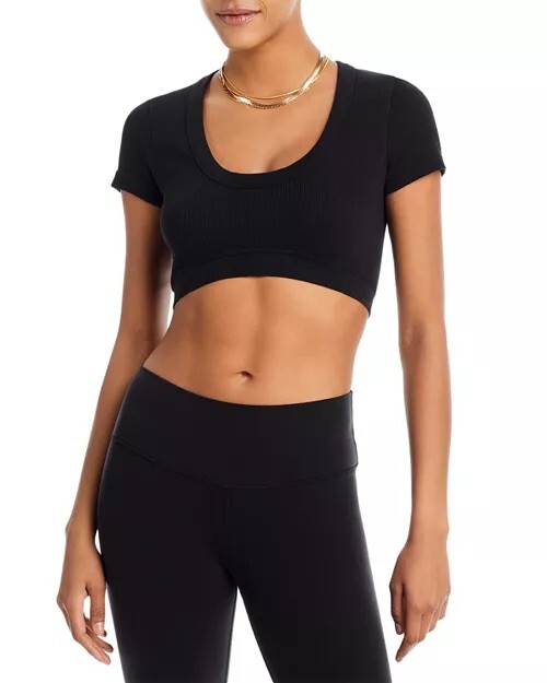 New Alo Yoga Seamless Ribbed Serene Short Sleeve Top In Black Size