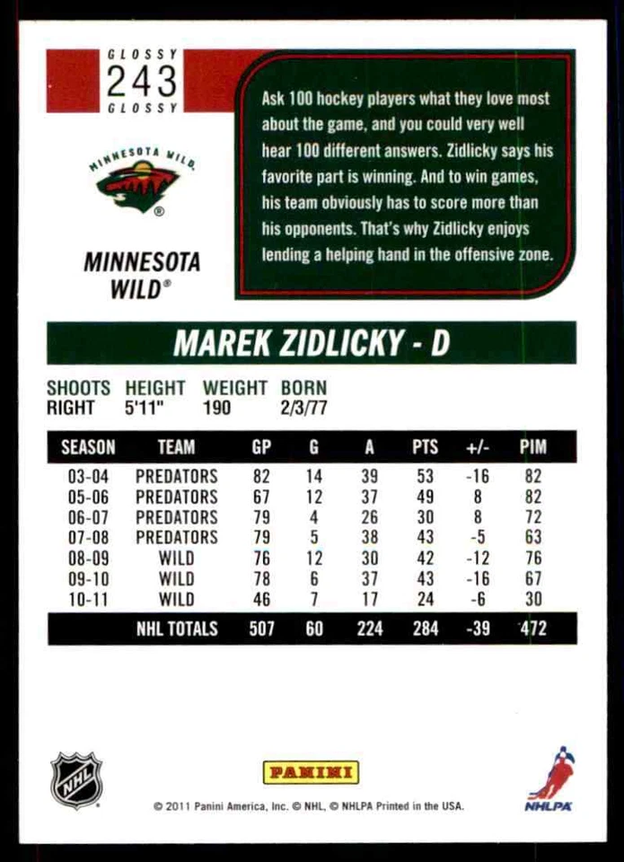 2011-12 Score Marek Zidlicky #243 - Image 2 of 2