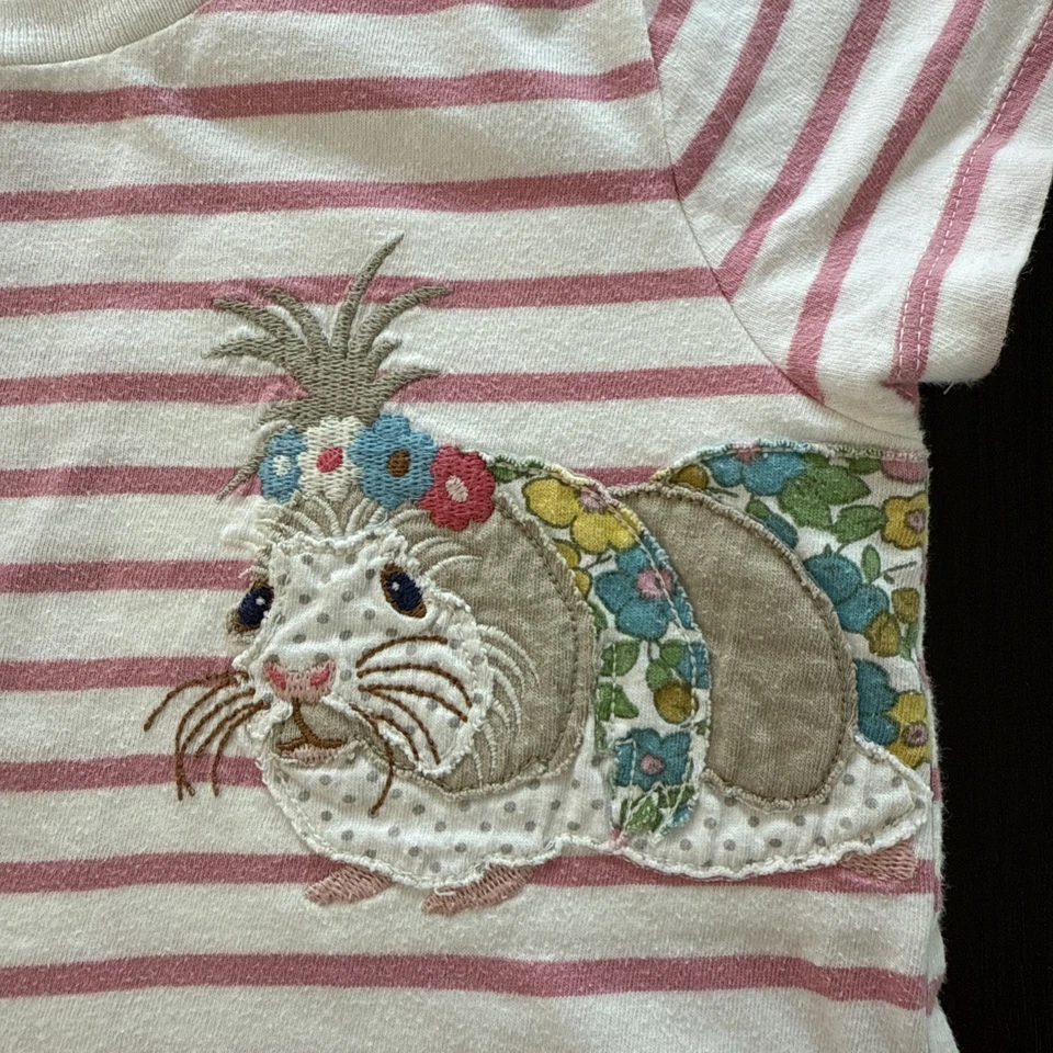 Mini Boden Girls 5-6Y Guinea Pig Party Appliqué Stripe Tee Pink White Cotton - Image 4 of 4