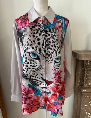 DG2 Diane Gilman Top Beige L Cheetah Leopard Button Front Blouse New