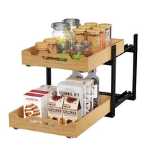 Pull Out Cabinet Organizer - 2-Tier Slide Out Bamboo Drawers for Kitchen Cabi...