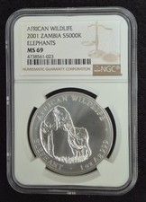 2001 Zambia African Wildlife Somalia Elephant  NGC MS69 1 oz .999 Silver Coin