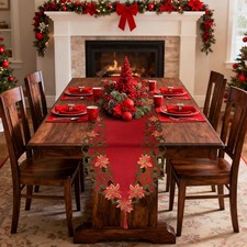 Red Christmas Table Runner 14.5x69 inch, Vintage Poinsettia Embroidered Table...