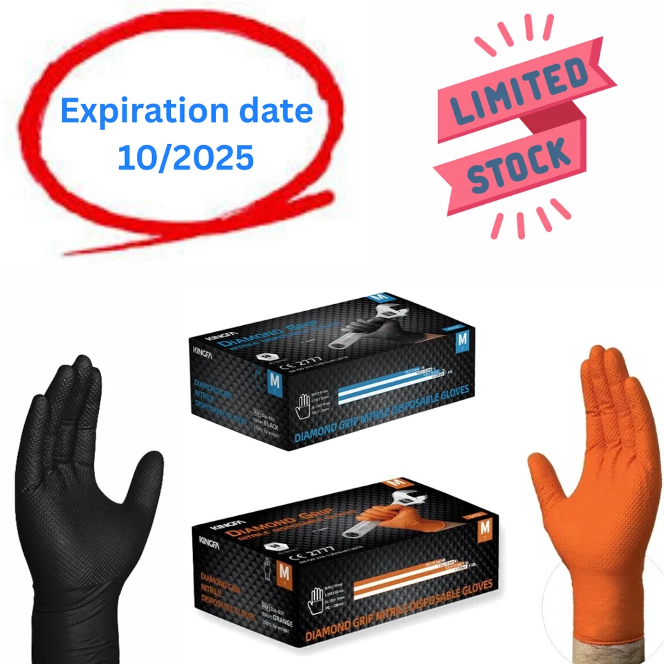 KINGFA Black/Orange Nitrile Disposable Gloves 6 Mil Raised Diamond Texture | Fast Ship