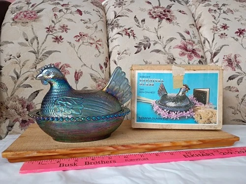 Vtg. Indiana Glass Iridescent Blue Carnival Glass Hen On Nest W/Original Box