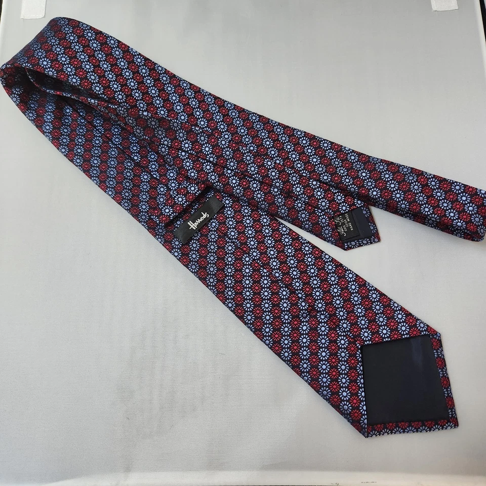 Corbata de seda Harrods azul rojo flor geométrica.  Ecu.  Magnífica corbata! Foto 4 de 4