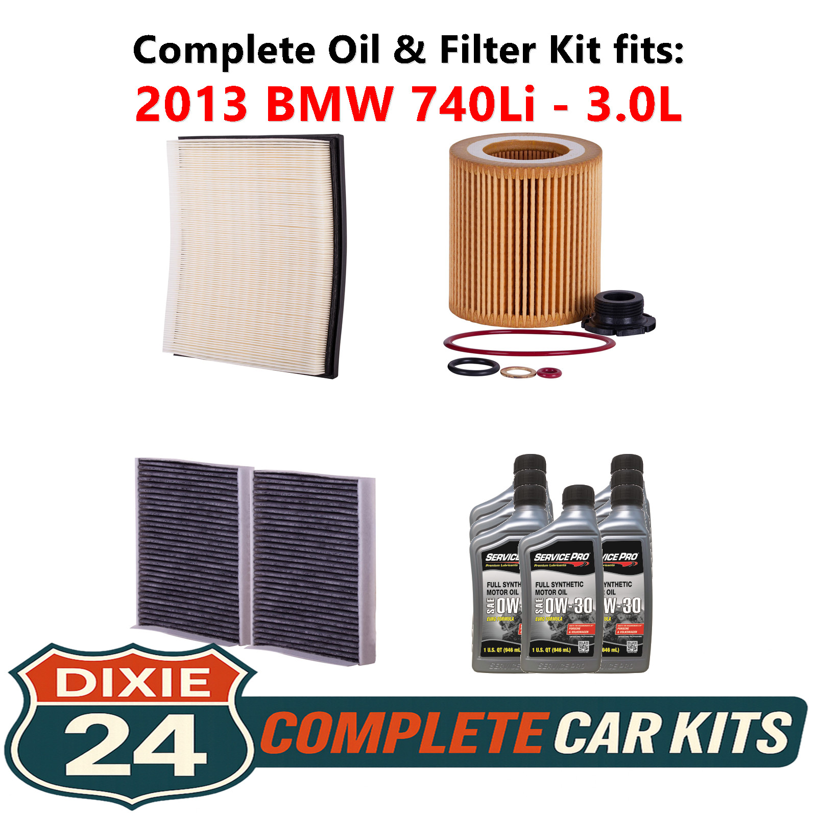2013 BMW 740Li 3.0L Complete Oil, Air  Cabin Filter Kit 0W-30
