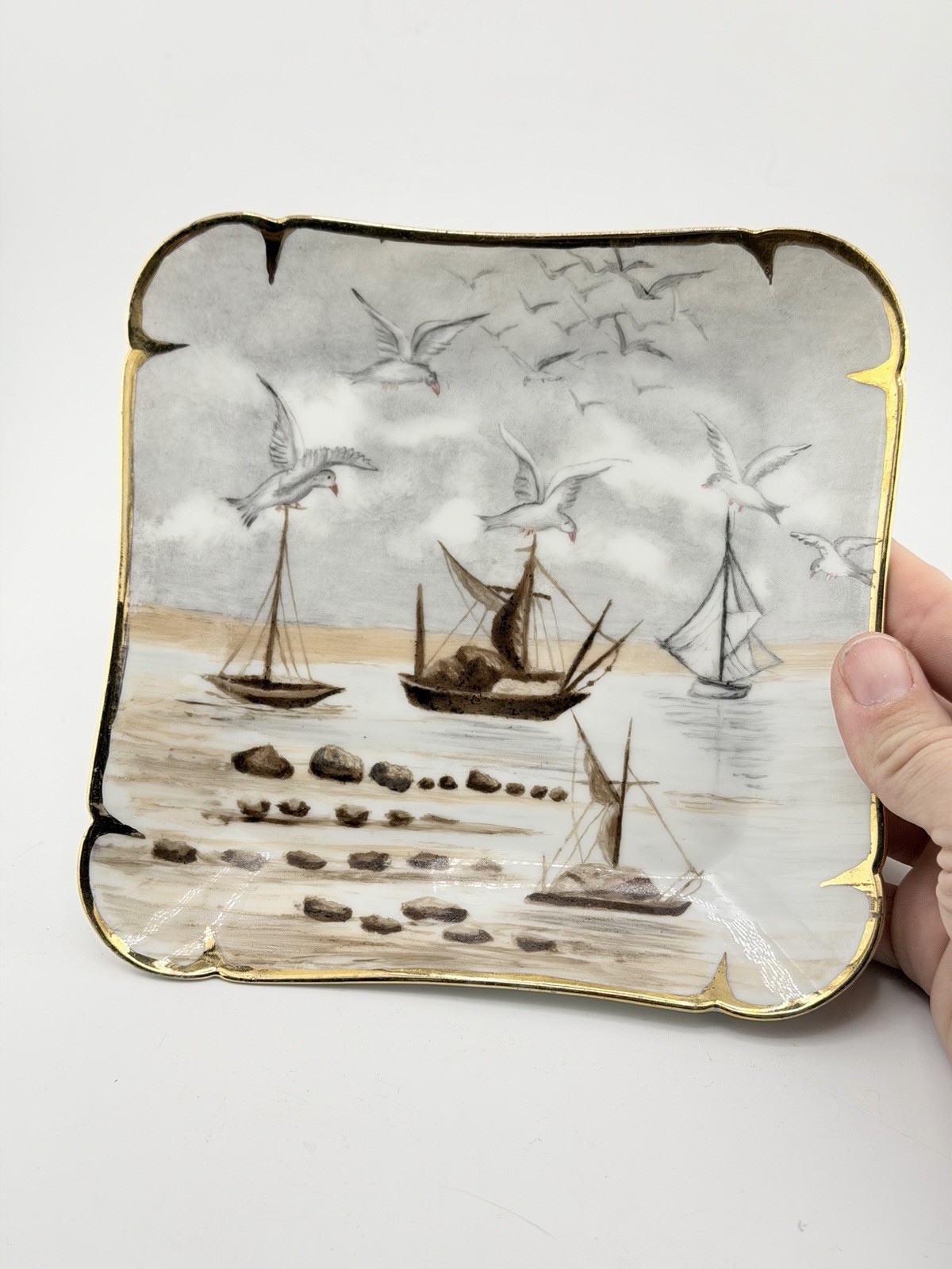 Antiker Limoges handbemalter Seevögel & Segelboote Teller CFH GDM Frankreich um 1883