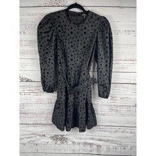 Express Dress Women's XS Petite Black Polka Dot Puff Sleeve Belted Party Mini