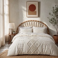 NEW Anthropologie Beige Boho King Size Tufted Fringe Bedding Duvet Sham Set