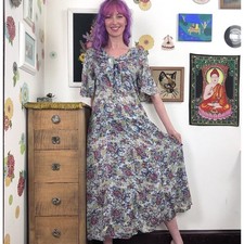 Vintage Floral Midi Dress, 1980s Blue Flower Print Cottagecore Dress Sz S-M