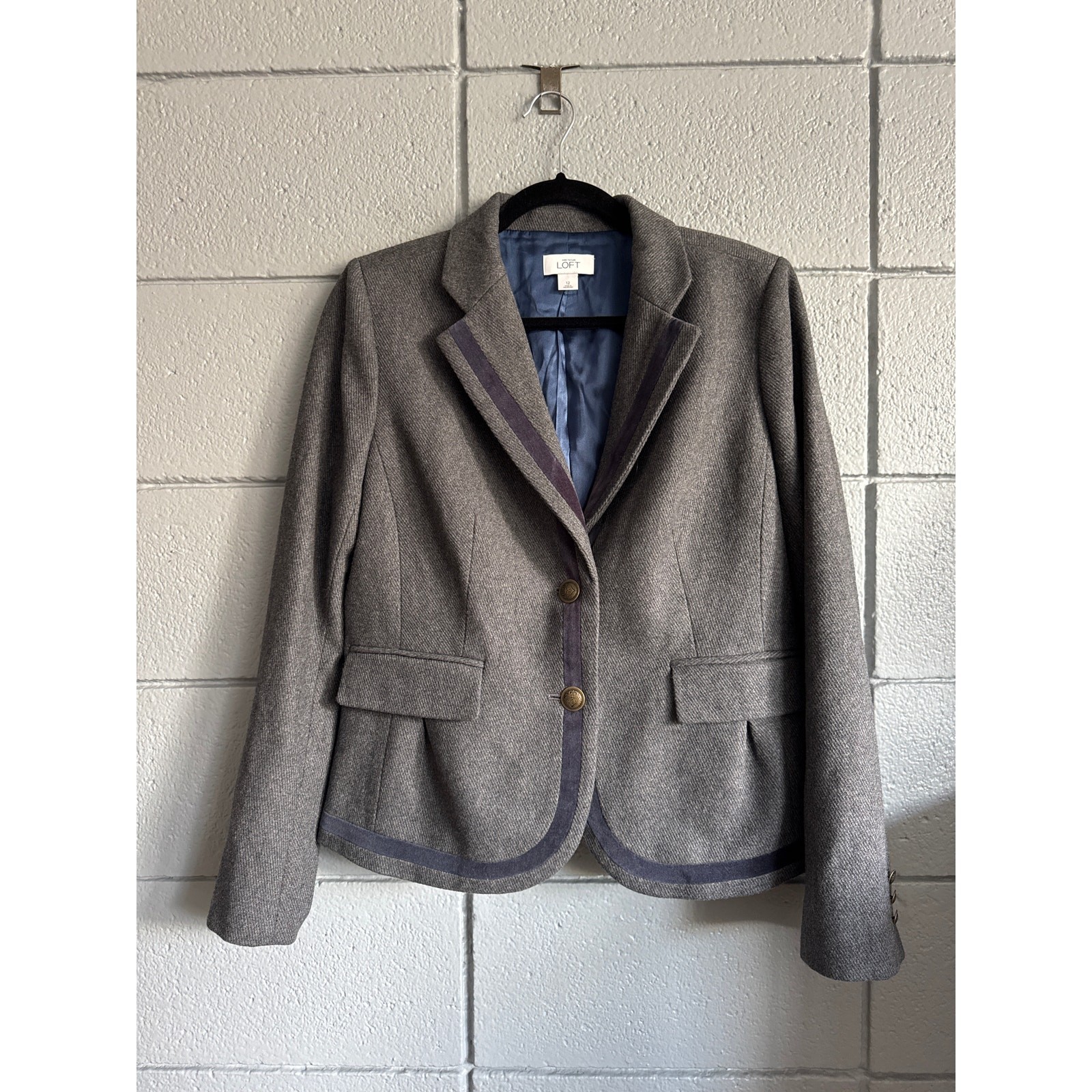 Women Ann Taylor Loft Wool Blend Blazer Velvet Navy Trim Academia sz 12 Preppy