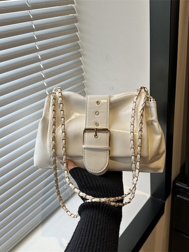 Y2K Trendy Hobo Shoulder Bag - Cream Vegan Leather Chain Strap Underarm Purse