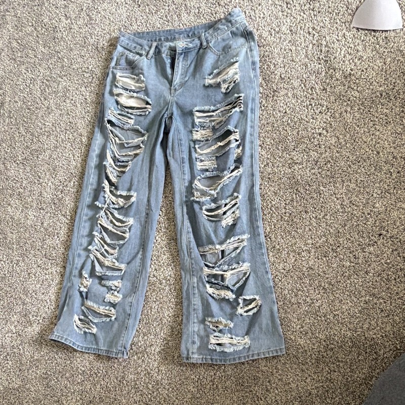Women's Light Wash Distressed Ripped Wide-Leg Denim Jeans Mid Rise 5-Pocket