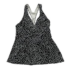 Lands End Black White Polka Dot Tankini Racerback Swim Top V-Neck Stretch Sz 2