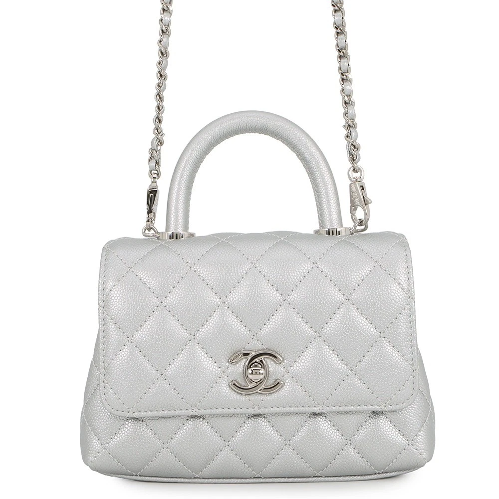 Chanel — CHANEL Coco Handle 2WAYHandbag Size XXS Calfskin Silver AS2215