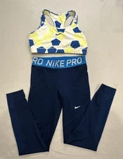 Nike Pro Dri Fit Sports Bra & Mesh Legging Set Women Sz L Blue Geometric
