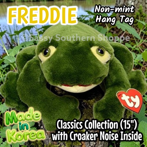 🐸 FREDDIE 🐸 1991 Ty Beanie CLASSIC Green Croaking FROG 15" (Korea) *MWNMT*