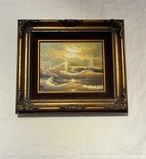 Vintage Signed Seascape Oil Painting Gold Gilt Frame 17x15 Artistic Interiors