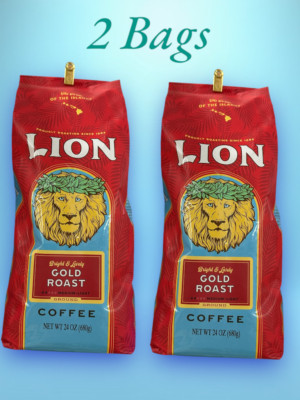 2 BAGS HAWAII LION  Ground Coffee GOLD ROAST Medium Light Roast 10 oz x 2 Bags
