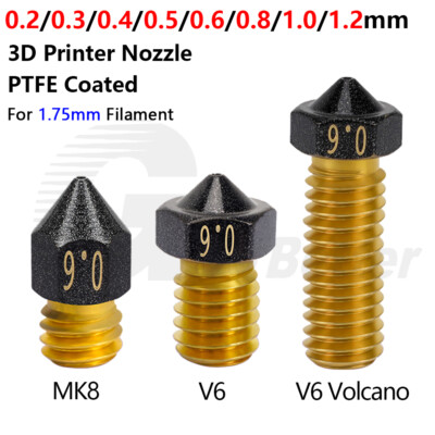 0.2-1.2mm Brass Extruder Nozzle 3D Printer V6 MK8 Volcano Nozzle M6 PTFE Coated