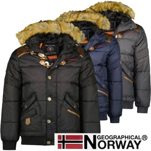 Geographical Norway Hombre Chaqueta de invierno con capucha de piel  sintética y 7 bolsillos negro