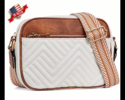  STUNNING  Mini Quilted Crossbody Bag With Wide Boho Strap ((White/ Chestnut))
