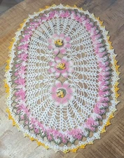 Pink, yellow & white Flower Ruffle Inset Oval Doily Crochet. Oval Centerpiece.