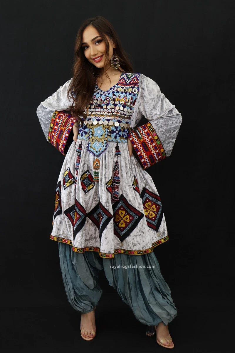 Afghani Gray Gand E Afghani Handmade Afghan Women Dress 2019