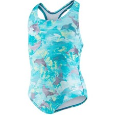 Speedo Girls Toddler Swimsuit Teal Shark Design Snap Closure.