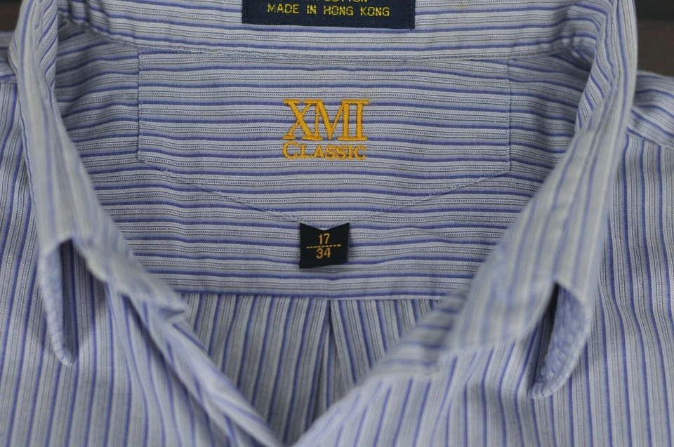 Camisa de vestir XMI clásica de algodón a rayas azul marino y blanco para hombre 17 x 34 Foto 2 de 4