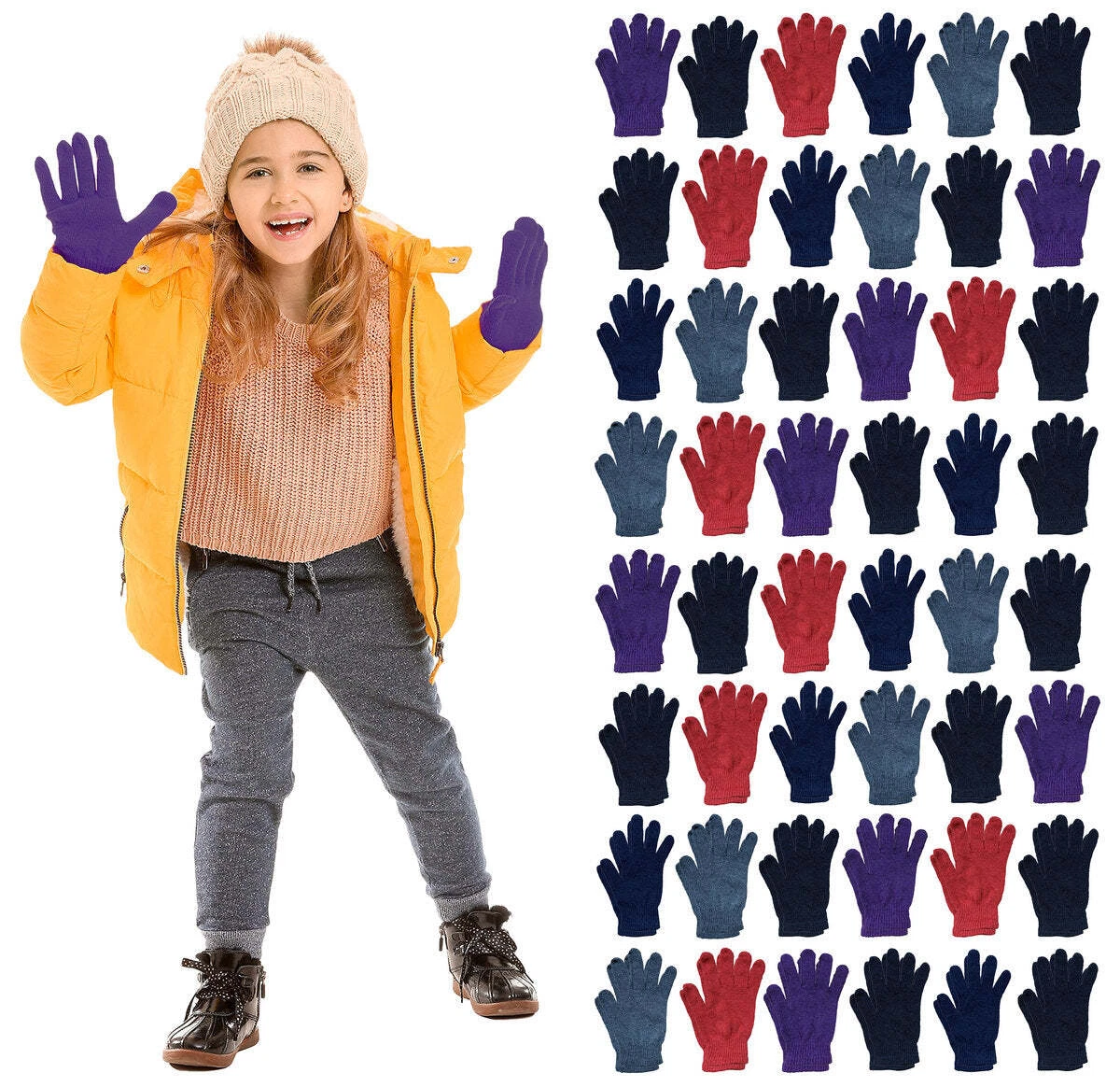 48 Pack Kids Colorful Winter Magic Gloves And Mittens, Stretch gloves ages 3-8