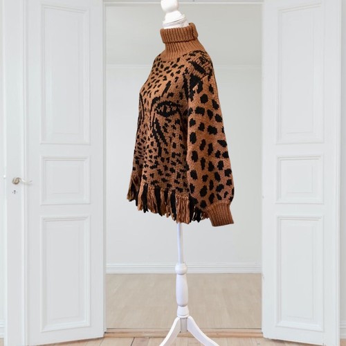 Anthropologie Farm Rio Leopard Fransenpullover Karamell Mitternacht Größe S neu mit Etikett - Bild 7 von 17