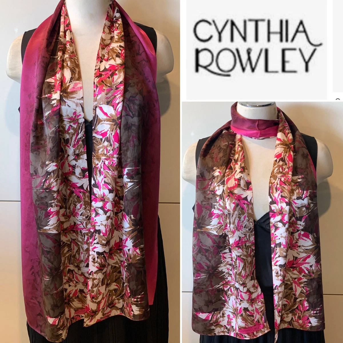 CYNTHIA ROWLEY 100 Silk Satin Pink Choc Floral Long Scarf