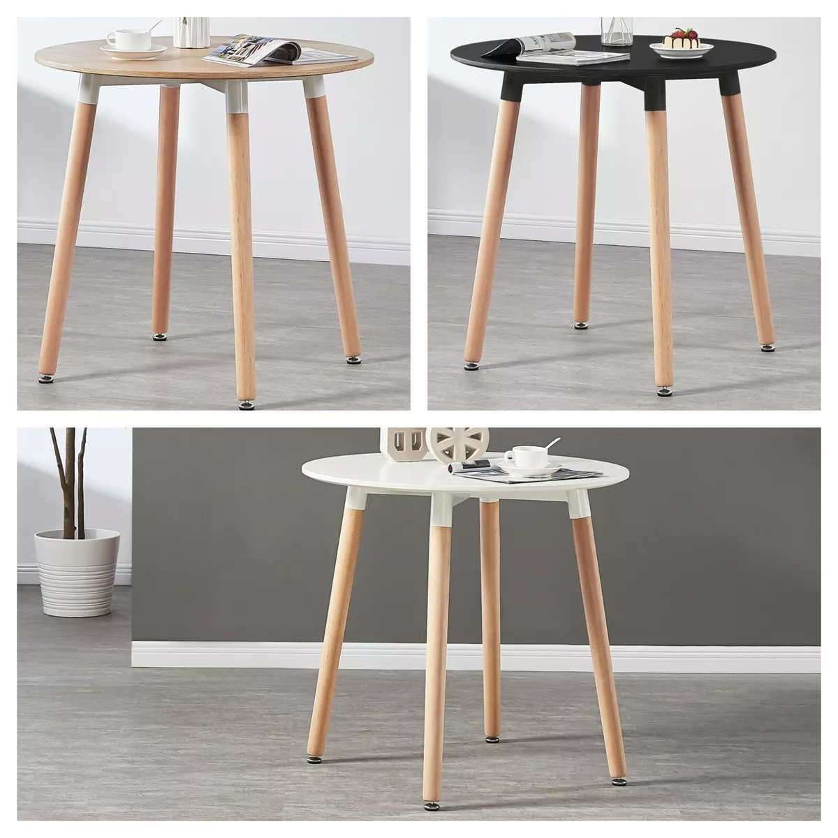 Halo Round Dining Table Black White Oak Retro Design Wood Legs 80cm Diameter